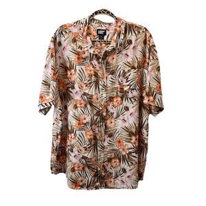 Lands End 100% Linen Floral Print Button Shirt Short Sleeve Orange Tan Mens XXL